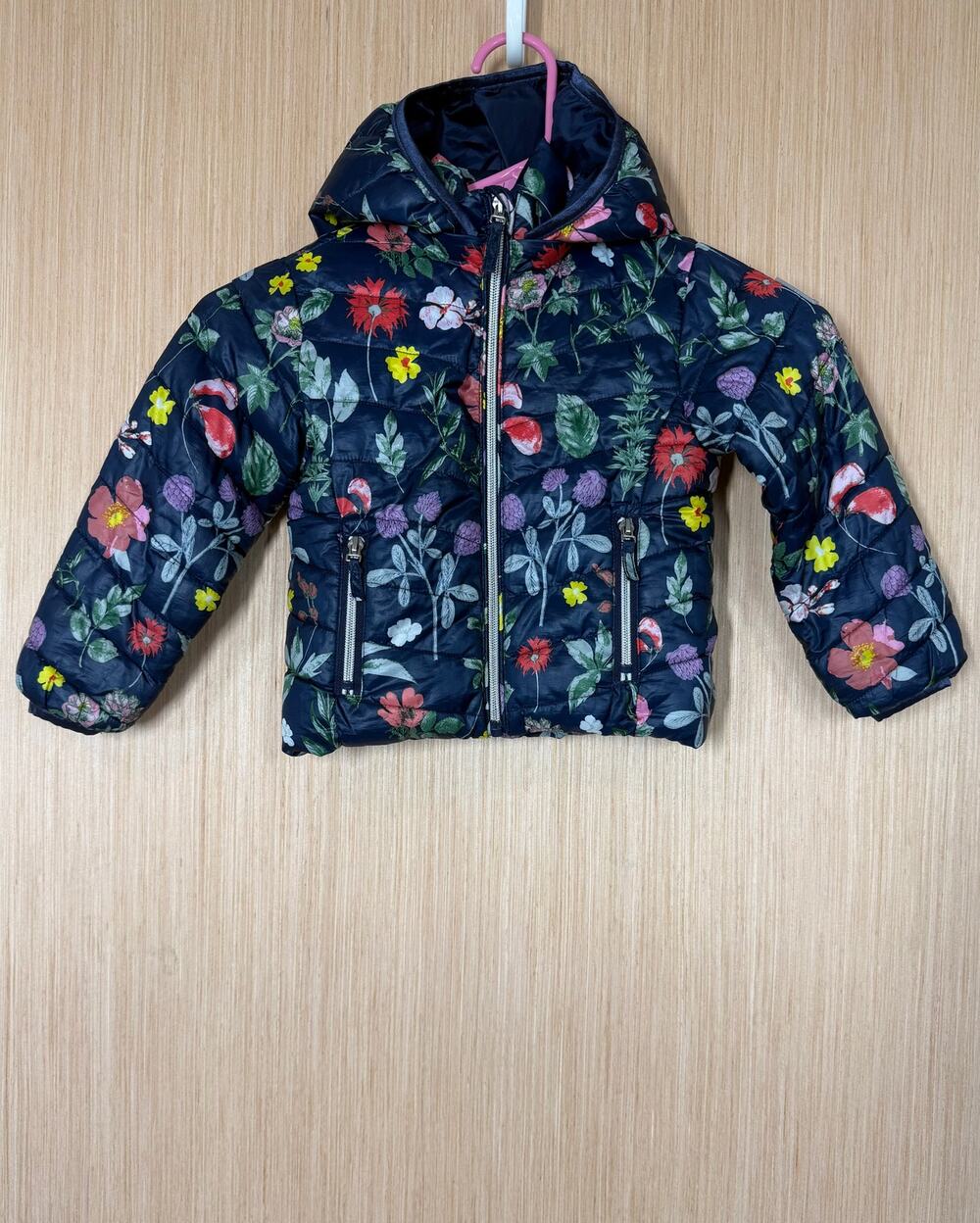 H&M Girls Floral Full Zip Hooded Puffer Coat Size 2-3Y Navy Blue Pockets